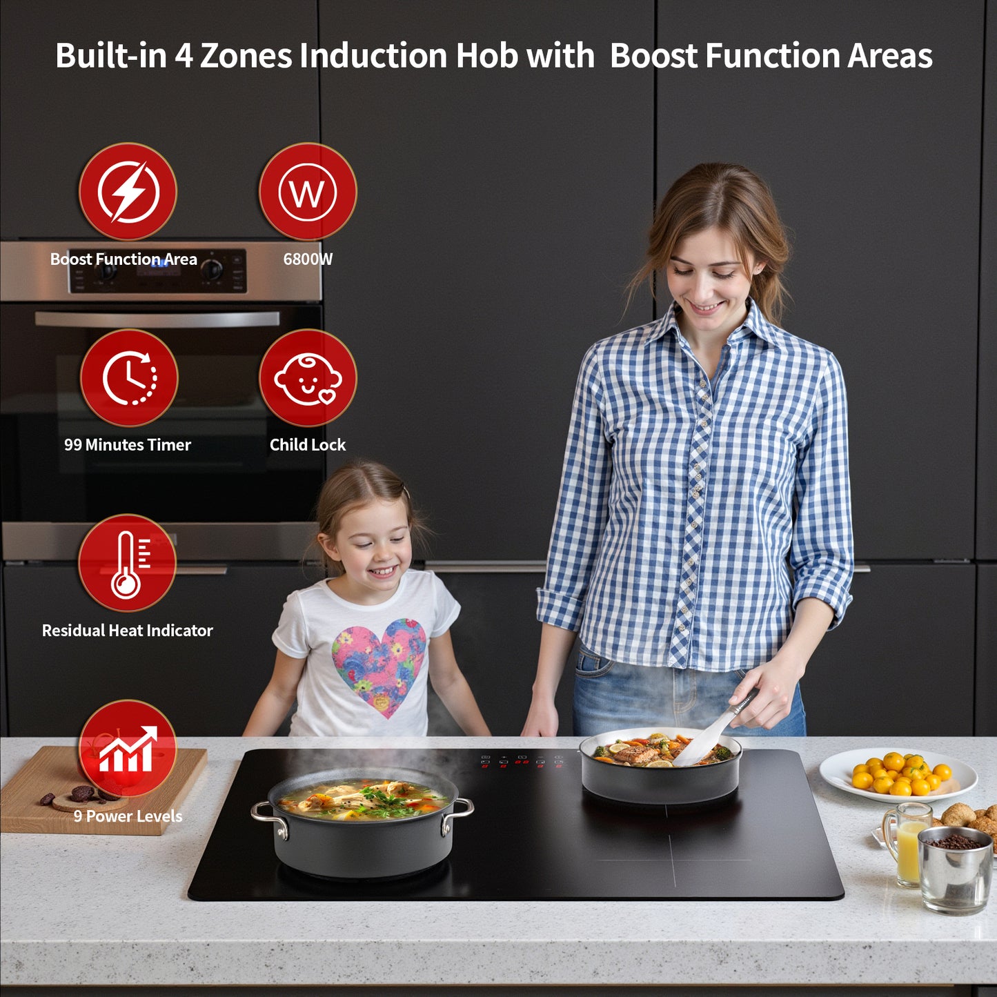 4 Zones Electric Induction Hob with Powerful Boost Function, STARCHARTS Built-in Electric Hob 4 burners,59cm cooktops with 9 Power Levels, 99 Minutes Timer, Child Lock, Safety Residual Heat Indicator