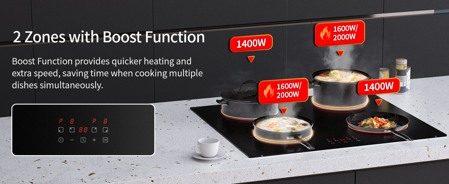 4 Zones Electric Induction Hob with Powerful Boost Function, STARCHARTS Built-in Electric Hob 4 burners,59cm cooktops with 9 Power Levels, 99 Minutes Timer, Child Lock, Safety Residual Heat Indicator
