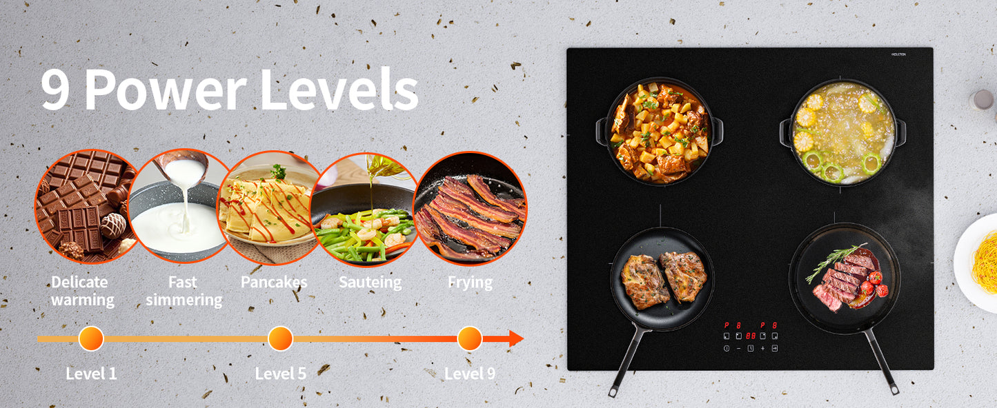 4 Zones Electric Induction Hob with Powerful Boost Function, STARCHARTS Built-in Electric Hob 4 burners,59cm cooktops with 9 Power Levels, 99 Minutes Timer, Child Lock, Safety Residual Heat Indicator