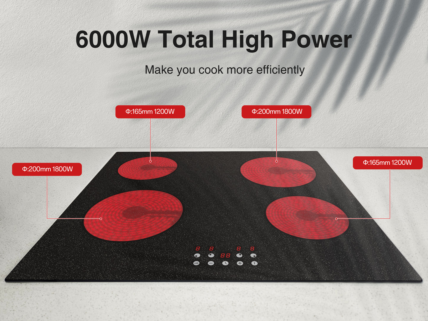 STARCHARTS Build-in Ceramic Hob with Italy ILVA Glass, 4 Zones Electric Hobs with Sensor Touch Control, Residual Heat Indicator, 6000W, BRC4001-S