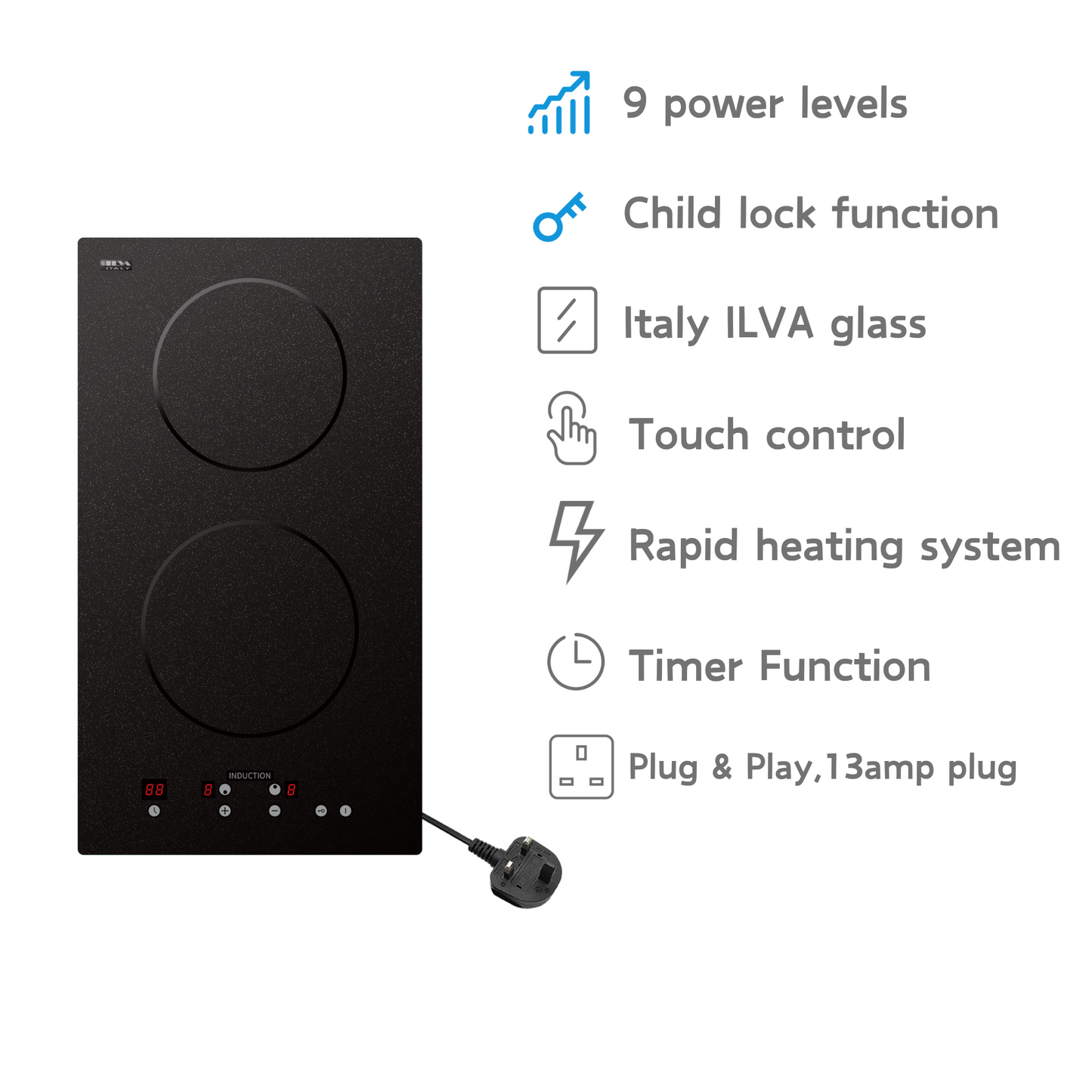 STARCHARTS Plug-in Induction hob with Italy ILVA Glass, 2.9kW, 2 Ring Induction hob with Touch Control