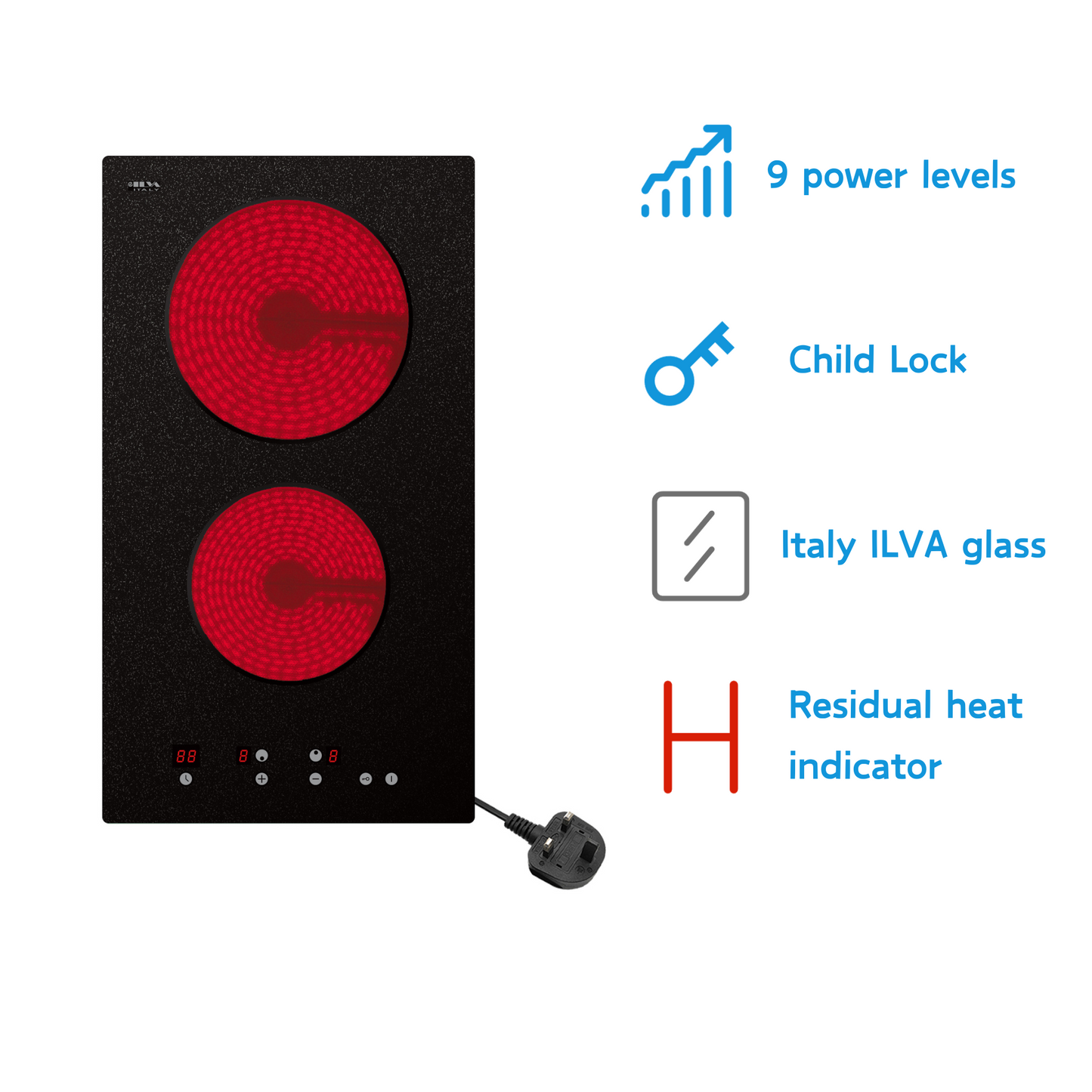 STARCHARTS Plug-in Ceramic Hob with Italy ILVA Glass, 2 ring electric hob with 13amp Plug, 2800W, Touch pannel, Safe Lock